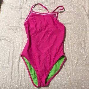 Pink and green reversible one piece